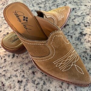 Patricia Nash Tan Suede Mules with White Stitching